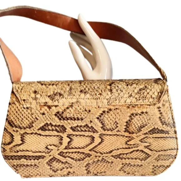 1950s Vintage Genuine Python Snakeskin Top Handle Box Handbag In Tan And Brown - Picture 2 of 7